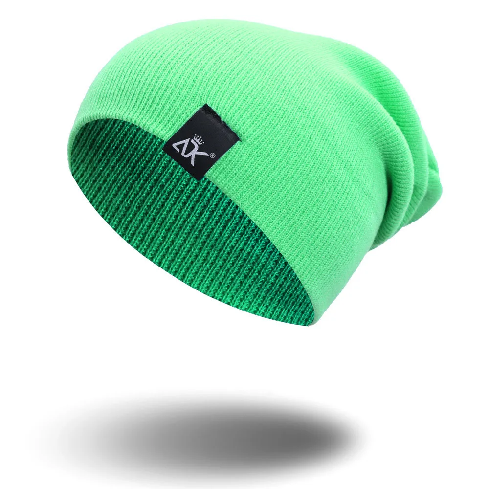 Flurescence Green Шапочки Для Девочек в стиле Хип-Хоп Из Хлопка Зимняя Шапка С этикеткой Вязаная Шапка Женская Унисекс Сплошной Однотонный головной убор Повседневная широкая Шапка - Цвет: Flurescence Green