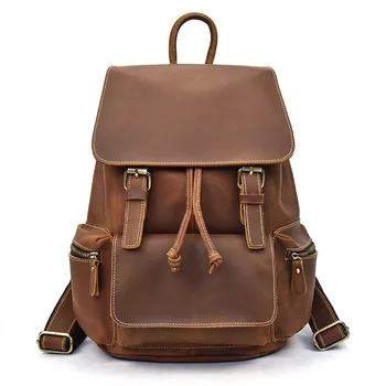 

Men vintage crazy horse leather backpack Unisex cow leather 14" Laptop rucksack Women Thick real leather school casual bag SA-8