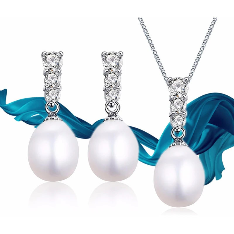 Dainashi Bridal Women Geometric Natural Freshwater Pearl Jewelry Set with 925 Sterling Silver