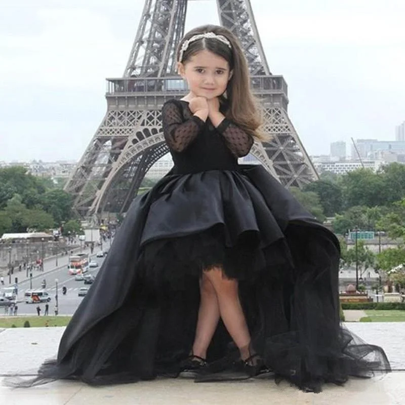 Kids Black Hi-Lo Long Sleeve Girl's Pageant Dresses Flower Girl Dresses with Bow for Wedding Party Birthday Princess Gown