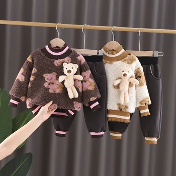 

HYLKIDHUOSE 2020 Winter Baby Girls Boys Clothing Sets Warm Plush Bear Tops Pants Toddler Infant Clothes Children Kids Costume
