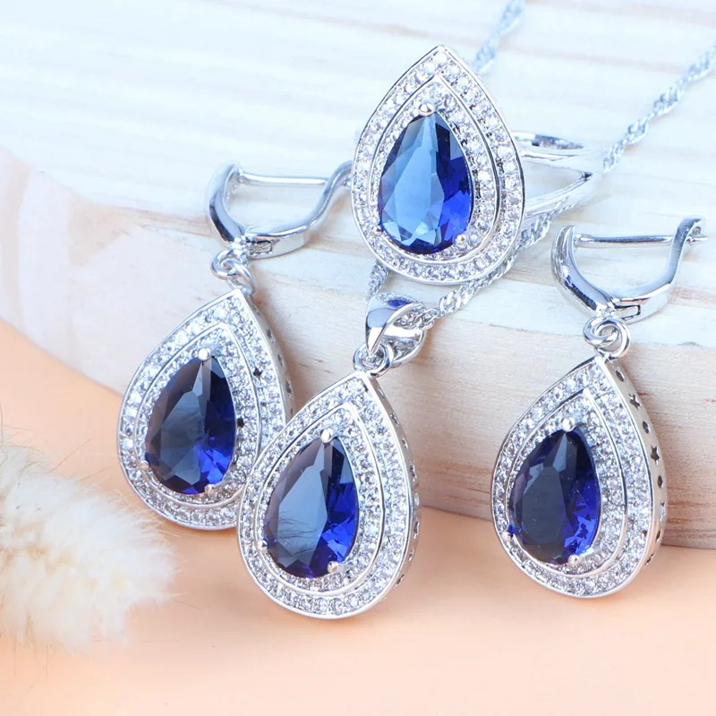 3PCS Женские аксессуары, серебро 925, ювелирные наборы для невесты, Свадебный костюм, Голубой цирконий, ожерелье, наборы, кольцо, серьги, кулон, браслет - Окраска металла: 3PCS