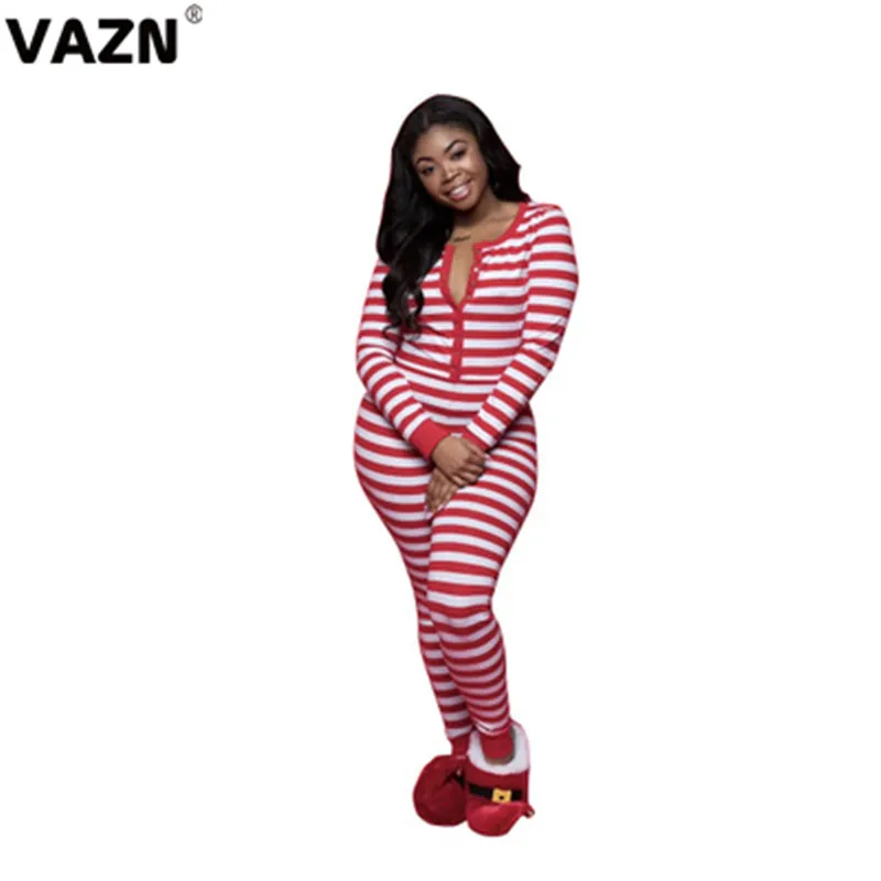 VAZN YM9180 Hot Striped Young Energy Zipper Cute Daily Full Sleeve 2 Color High Waist Women Elastic Skinny Long Jumpsuits