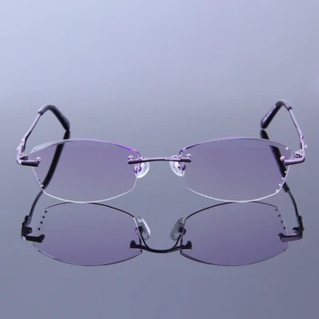 

High Clear UV Coating Lens Reading Glasses Women Rhinestone Eyewear Rimless Frame Purple Finished Presbyopic Eyeglasses S7038