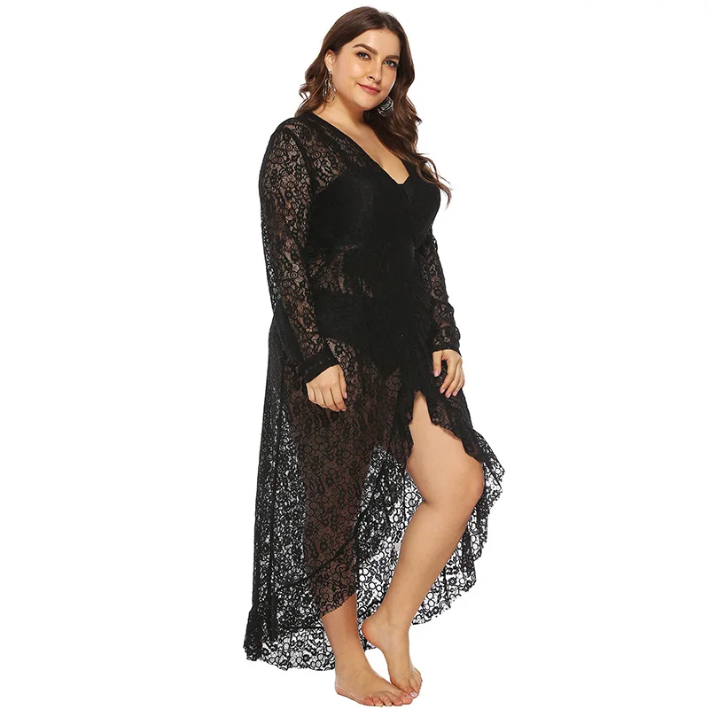 

Beach Cover Up Tunics Summer Bath Exit Women Bathrobe Swimsuit Coverup Dress Sexy Perspective Irregular Ruffled Lace Plus Size Y