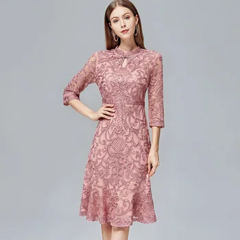 

Stand Collar Dresses Wedding Lace Plus Size Knee Length Ladies Mother Bride Dress Women Spring Summer Autumn Guest Wear Clothing