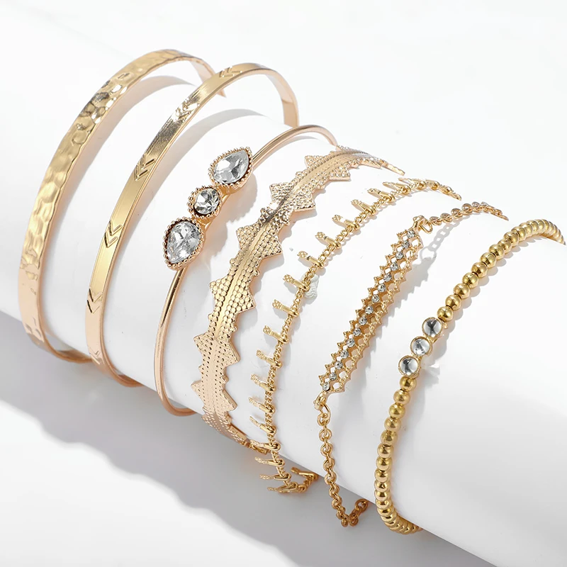 Tocona 7pcs/sets Clear Water Drop Crystal Stone Ladies Bracelets Gold Chain Cuff Bangle for Women Jewelry Wholesale 9168