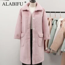 ALABIFU женское длинное пальто из искусственной кожи с искусственным мехом, повседневное приталенное пальто размера плюс, розовая шуба из искусственного меха норки, Женское пальто casaco
