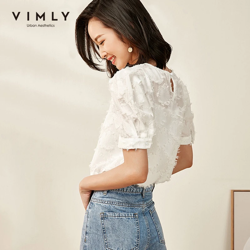 Женская блузка с вышивкой Vimly белая Повседневная Свободная круглым вырезом и