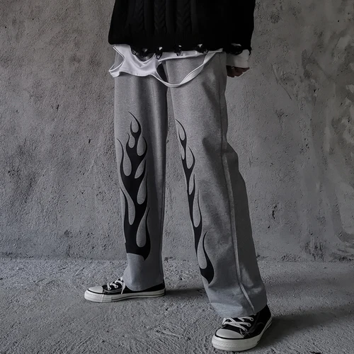Neploe брюки в стиле Харадзюку для женщин и мужчин уличные брюки с принтом пламени прямые брюки свободные повседневные брюки унисекс BF Стиль низ 55308 - Цвет: gray