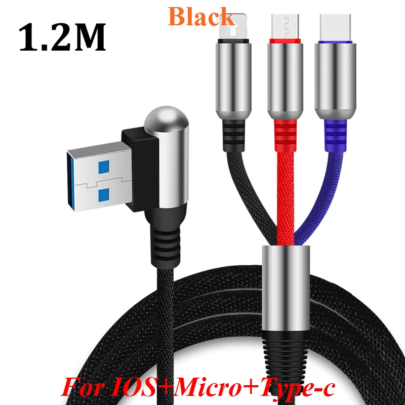 Black 1,2 M 2A металлический разъем многофункциональный кабель для передачи данных три в одном для Android для iPhone Быстрая зарядка линия передачи данных Micro usb type-c - Цвет: Black