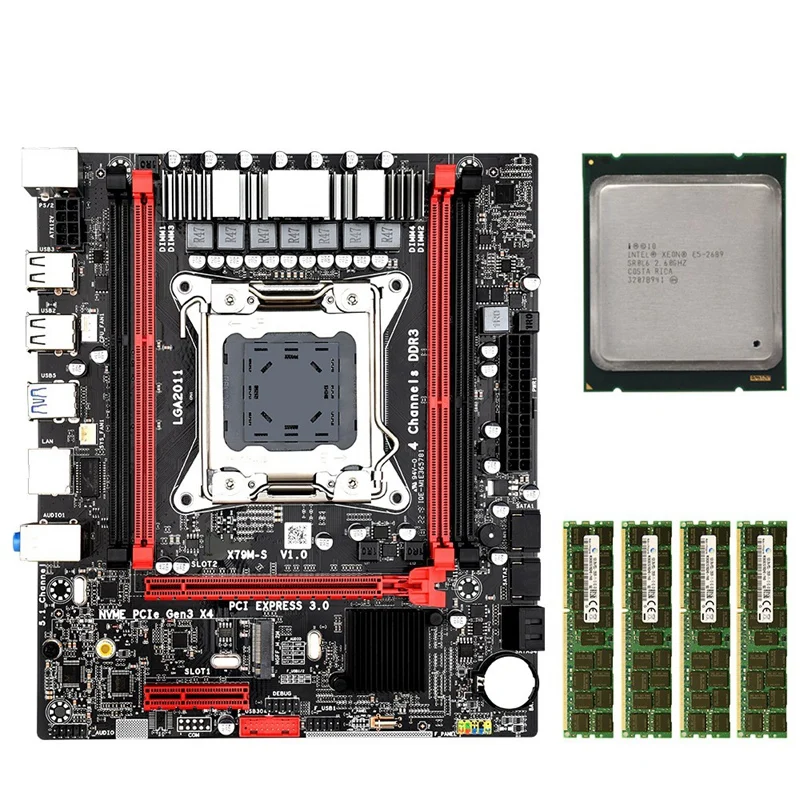 X79MS LGA2011 набор материнских плат комбо с Intel E5 2689 4-Ch 4x16 ГБ, 64 ГБ, 1600 МГц DDR3 кода коррекции ошибок Поддержка M.2 NVMe SATA3 USB3.0