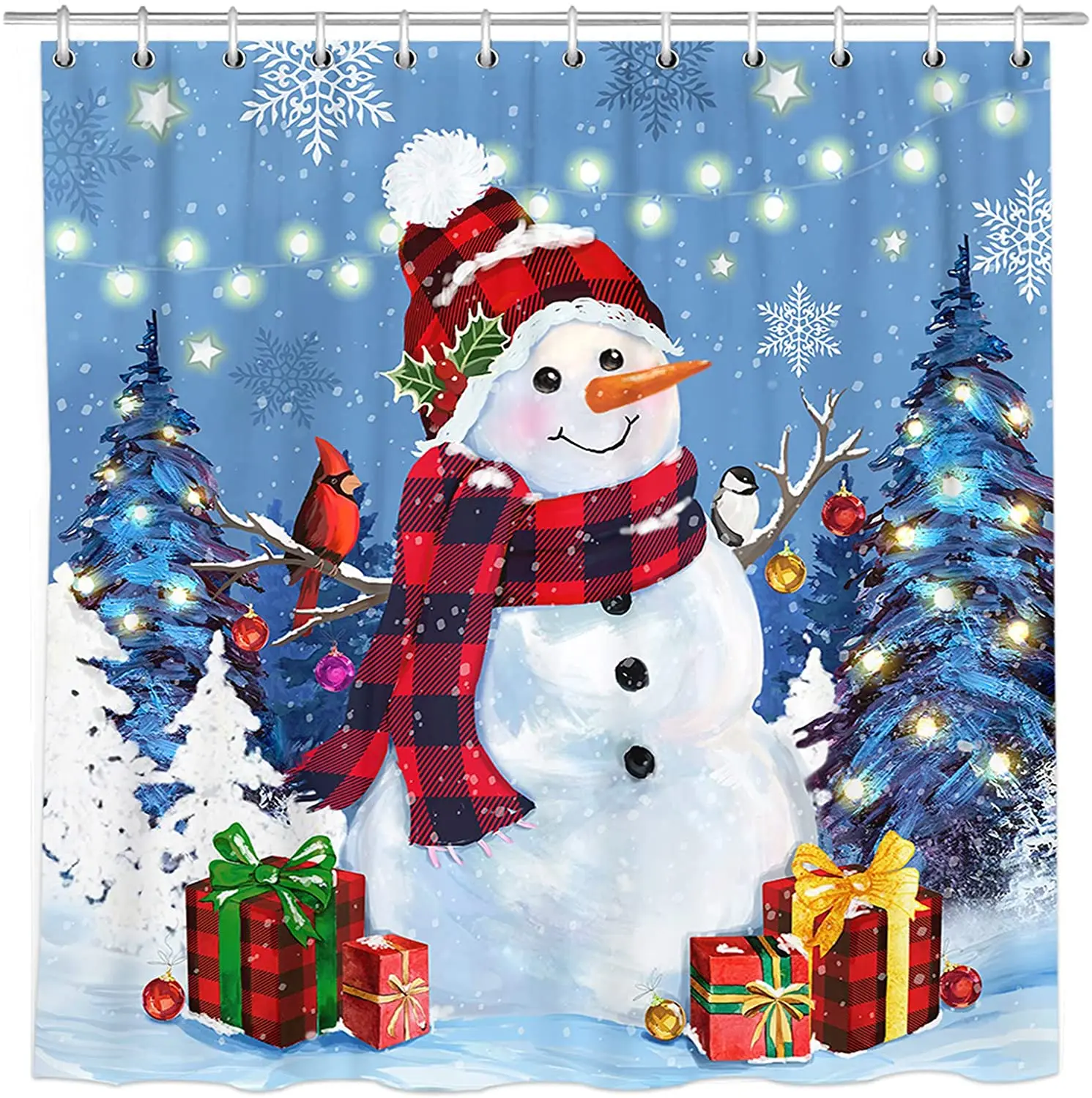 Christmas Shower Curtain Hooks Cute Snowman Snowflake Xmas Gifts Bathroom Mat 