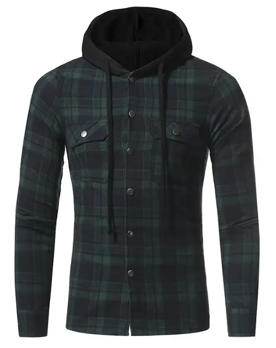 Green Plaid Shirt Мужские клетчатые рубашки Новая мода Корейская дикая Фланелевая рубашка с длинным рукавом и капюшоном Повседневная приталенная мужская одежда размера плюс хлопок - Цвет: Green Plaid Shirt