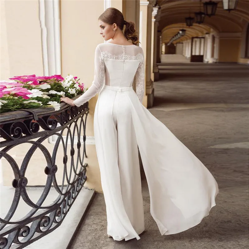 Jumpsuits Wedding Dresses For Women Detachable Pearls Belt Chiffon Lace Jumpsuit Bride Reception Bridal Pantsuits Robe De Mariee sexy wedding dresses