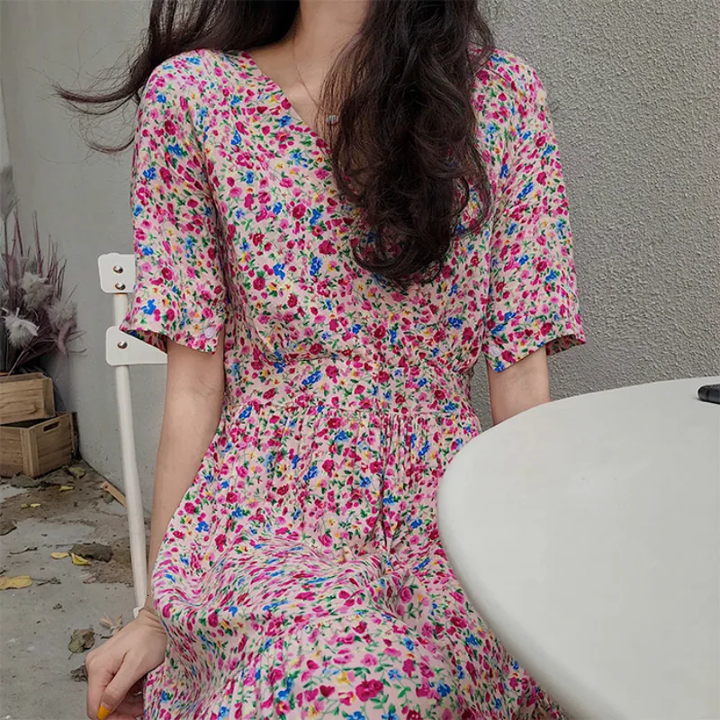 

Women Summer Long Cotton Floral Dress Ladies V Neck a Line Maxi Vestidos Casual Robe Longue Femme Ete Sukienki Elbise Jurken