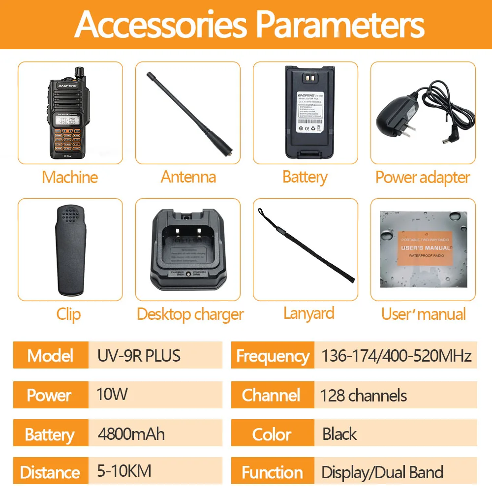 Портативная рация BaoFeng UV 9R Plus 10 Вт UHF VHF Dual Band IP68 HF Transceiver Ham Portable Radio|Рации| |