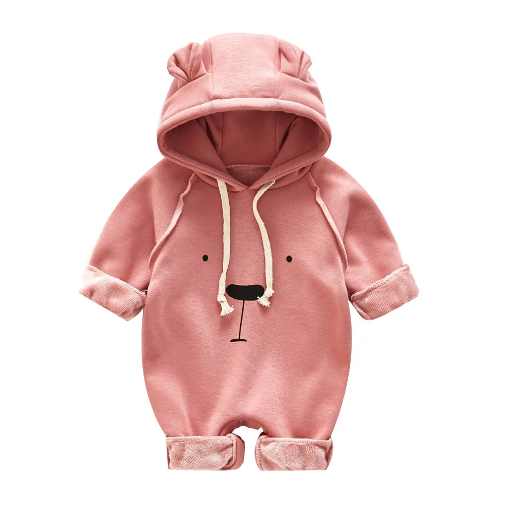 Pink Повседневный комбинезон с капюшоном и рисунком медведя; Одежда для новорожденных; хлопковый комбинезон для девочек; модная теплая плотная Пижама для маленьких девочек - Цвет: Pink