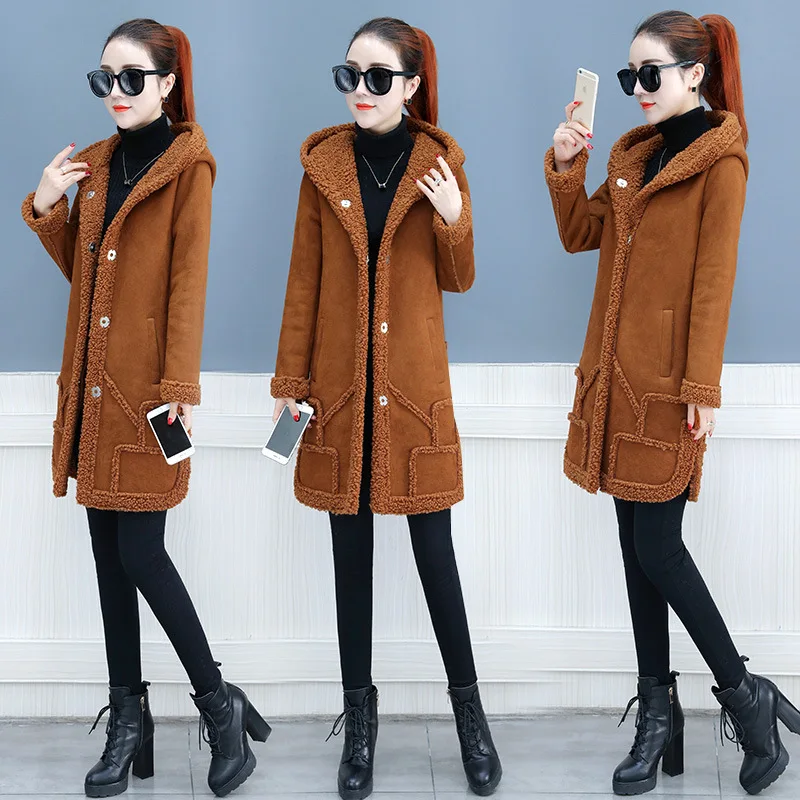 

Suede Lambs Wool Coat Women's Winter 2018 New Style Mid-length Brushed And Thick Fur Cotton-padded Clothes 110307