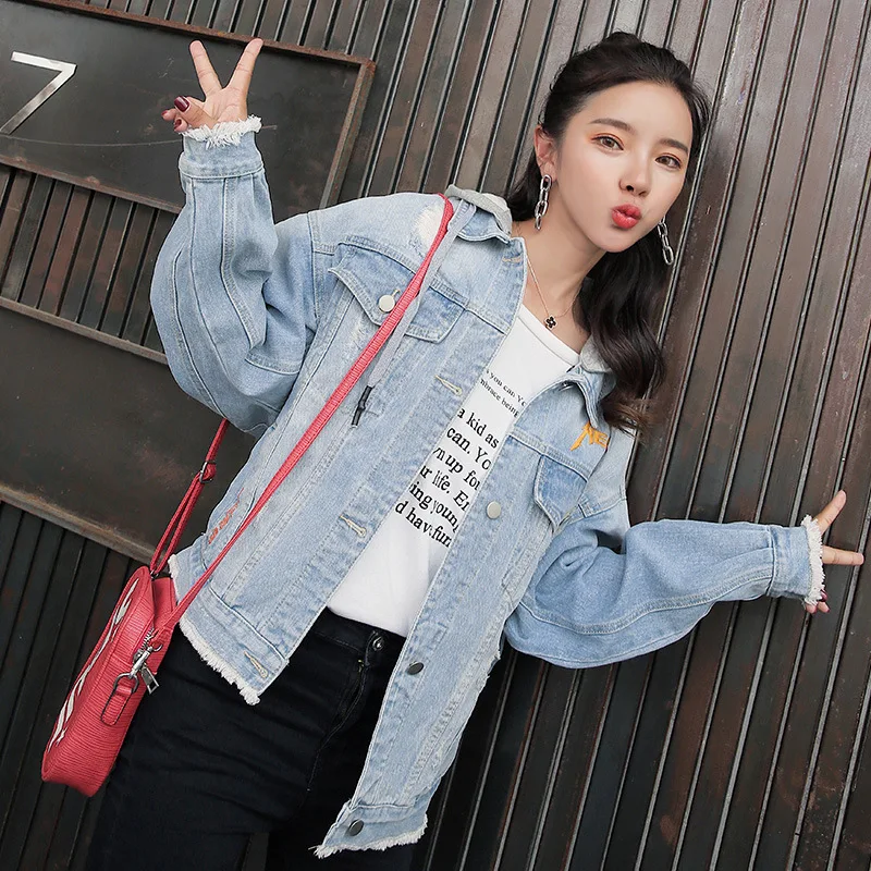 

Autumn Hooded Jeans Coat Women's 2019 New Style Hong Kong Style Loose-Fit BF Embroidered Versatile Cowboy Clothing