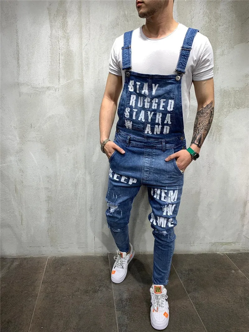 2020 New Men`s Bib Pants Solid Color Overalls Jeans Letters Printed Skinny Slim Fit Denim Trousers Jumpsuits Suspenders Streetwear (5)