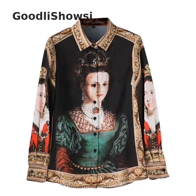GoodliShowsi, весна, новинка, Ретро стиль, женская рубашка с принтом, однобортный, с отложным воротником, размера плюс, свободные топы, M-3XL
