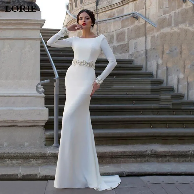 Лори с длинным рукавом русалка торжественное платье принцессы, невесты аппликация кружева с низким вырезом на спине атлас дубай свадебные платья Vestido de Voiva