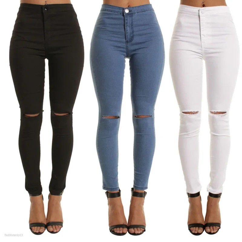 

2020 Plus Size Button Women Jeans High Waist Hole Pants Jeans For Women High Elastic Skinny Stretchy Women Pants Lift Hips