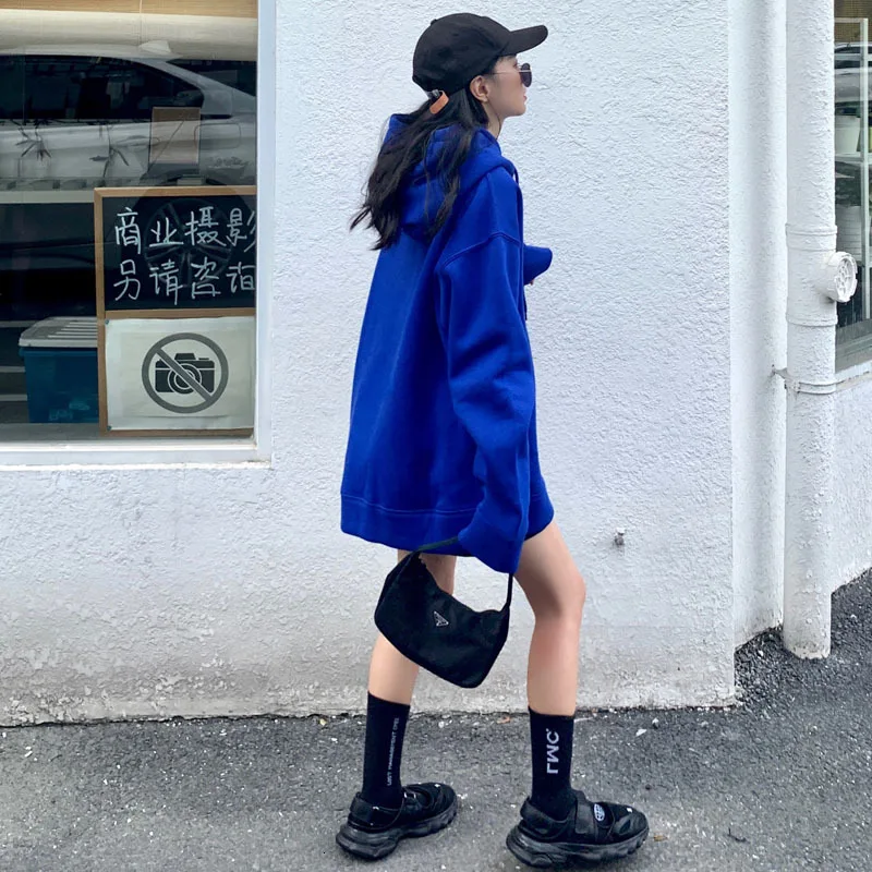 4299 черный и синий цвета Harajuku уличная одежда толстовки женские теплые толстые толстовки женские большие размеры свободные длинные пуловеры толстовки
