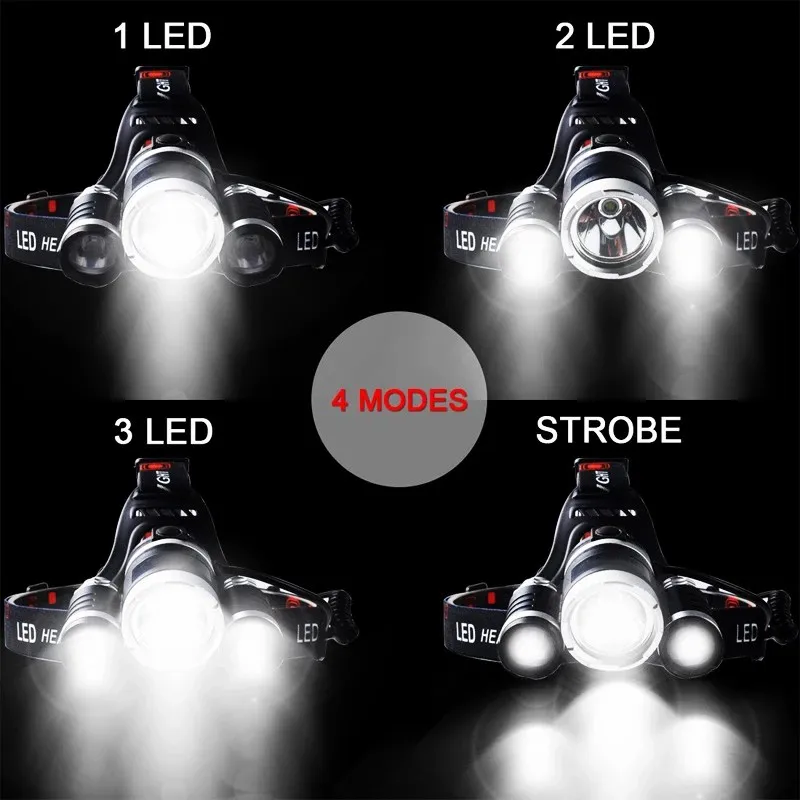 E2 드롭 배송 충전식 3led 헤드 램프 낚시 헤드 라이트 토치 사냥 헤드 램프 캠핑 헤드 램프 손전등 헤드 라이트