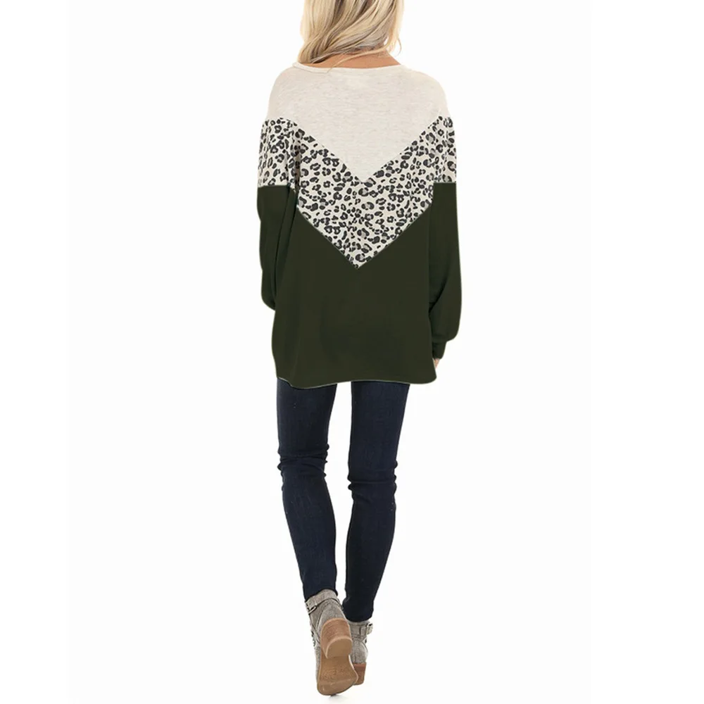 T-Shirt Top Female Spring Summer New Women's Long Sleeve Splicing Print Leopard O-neck Casual Loose Women Basic T-shirt