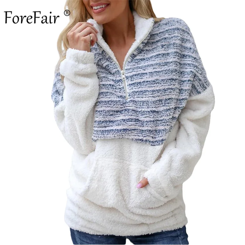 Forefair/плюшевая Толстовка в полоску; женские зимние пуловеры с длинным рукавом и высоким воротом; большие размеры; искусственный мех; теплые толстовки; коллекция года; сезон осень