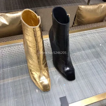 

2020 New FW Ankle Boots Gold Black Embossed Leather Zipper Side Special High Heels Square Toe Women Boots