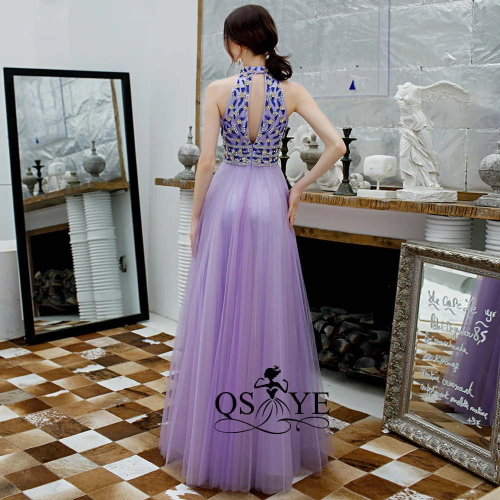QSYYE ever pretty Длинные Выпускные платья тюль Холтер vestidos largos украшенное бисером с длиной до пола вечернее платье вечерние платья