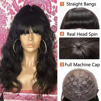 

Body Wave Wig Short Brazilian Hair Wigs Black Bob Wig With Bangs 10-28 Inch Remy Full Machine Made Human Hair Wigs With Bangs