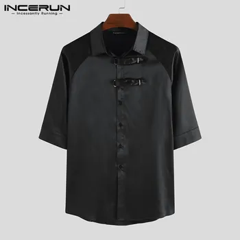 

INCERUN Vintage Men Shirt Half Sleeve Lapel Solid Summer Streetwear Retro Punk Tops 2020 Button Chic Casual Shirts Men Plus Size