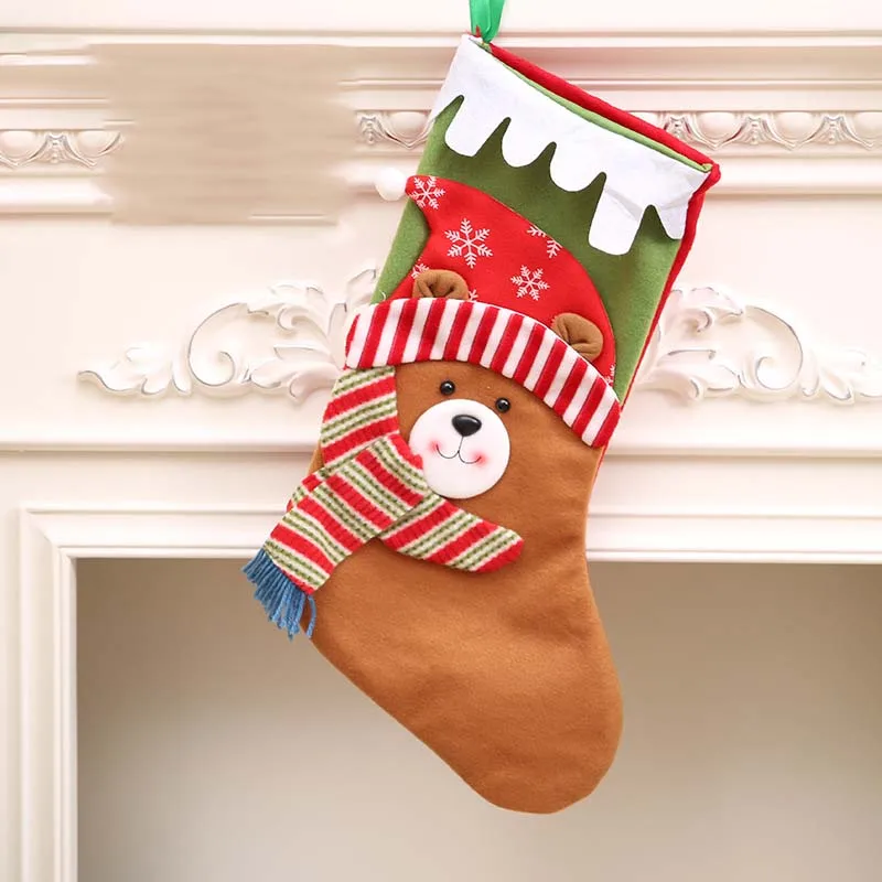46*19cm Christmas Stocking With 3D Santa Claus Snowman Bear Decoration Non-woven