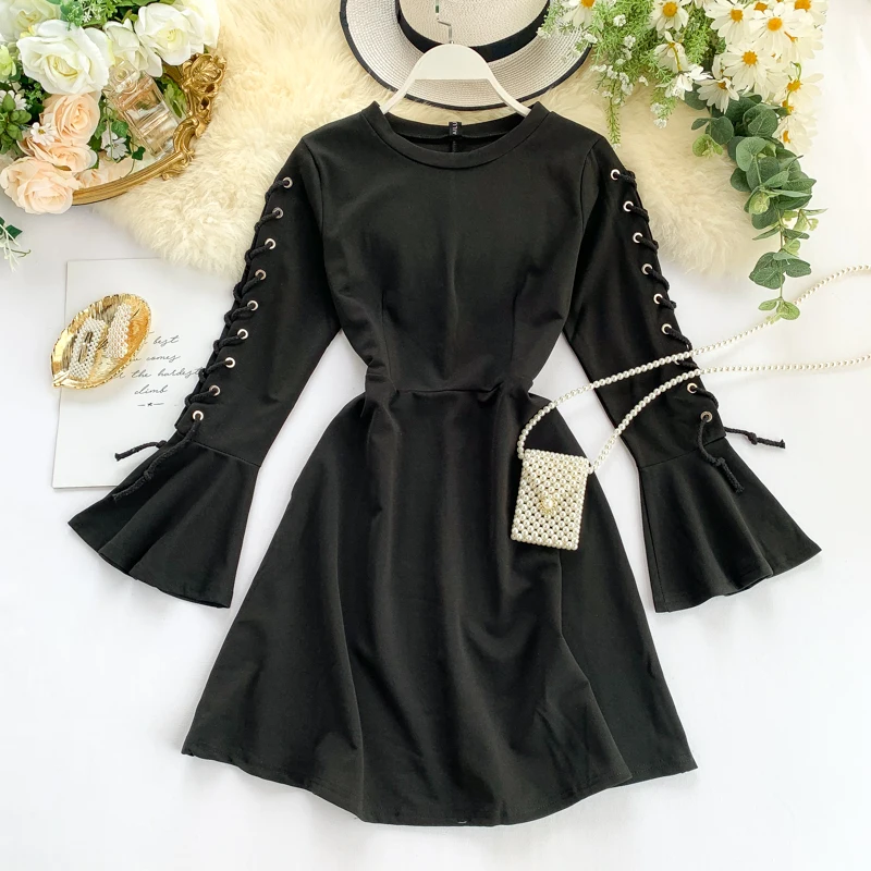

2019 new fashion women's Lace-up flared French-style vintage dress