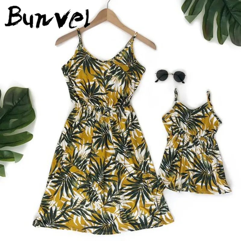 Bunvel/платья для мамы и дочки; летние платья для мамы и дочки с принтом в виде листьев; платья для малышей; Одежда для девочек «Мама и я»; 5 - Цвет: Цвет: желтый