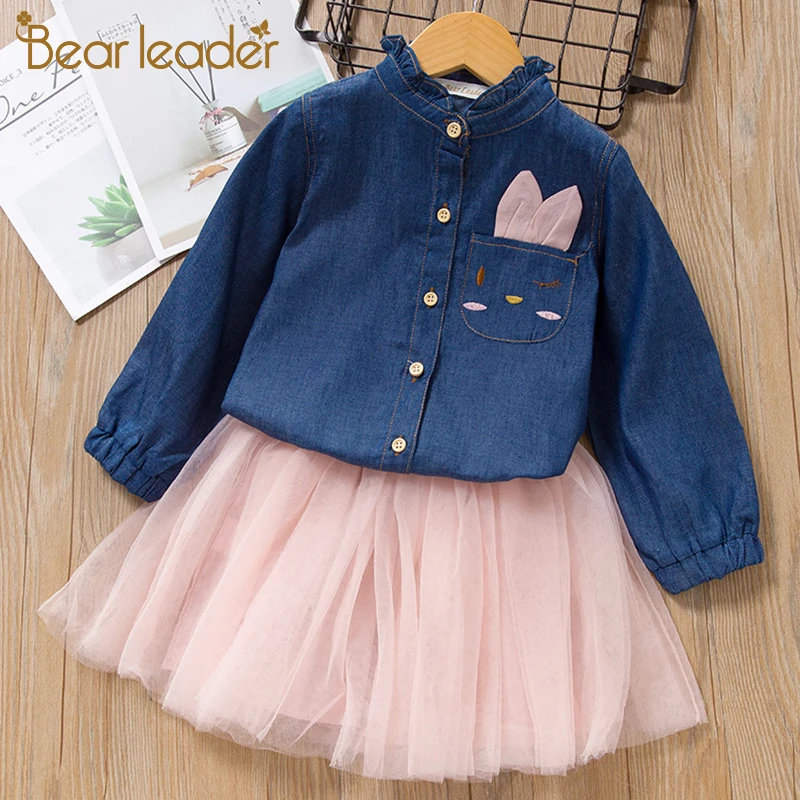 Bear Leader Girls Dress New Spring Girl Princess Denim Mesh Dresses Cute Cartoon Kids Volie Children Clothing 3 7Y | Детская одежда и
