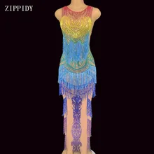 Прозрачные цветные стразы бахромой платье сетчатые прозрачные кристаллы платье вечернее платье для дня рождения, праздника костюм платье