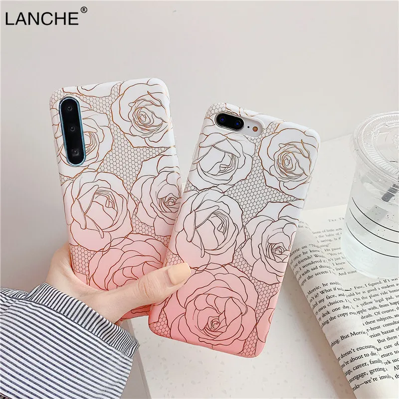 

LANCHE Gradient Rose Flower TPU Phone Case For Huawei P20 P30 Mate 20 Lite Pro Case Luxury stamping gold Phone Cover Shell