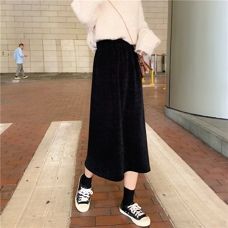 Винтажная Вельветовая Свободная Женская юбка Harajuku с высокой талией, тонкая Однотонная юбка, женская простая Осенняя Новая женская черная юбка