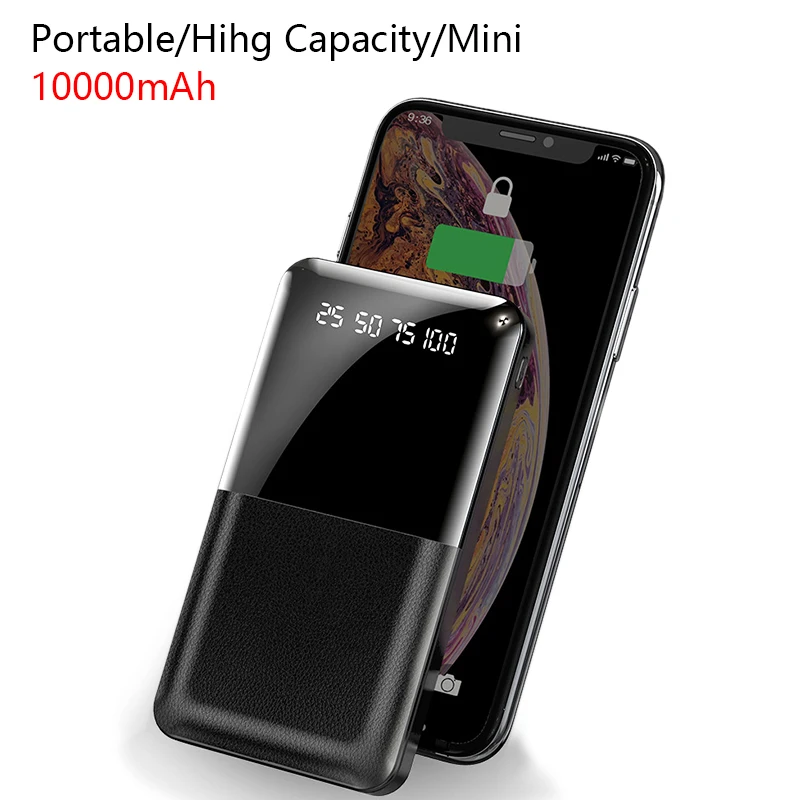 Внешний аккумулятор 10000 мАч для iPhone X Xiaomi Mi, внешний аккумулятор, 2 usb порта, внешний аккумулятор, портативный повербанк с фонариком