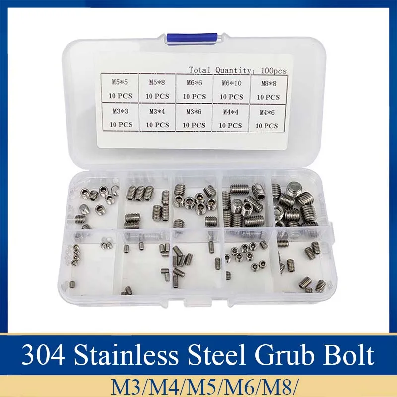

100Pcs/set Stainless Steel Wood Screws Allen Head Socket Hex Set Grub Screw Assortment Cup Point parafuso Assortment