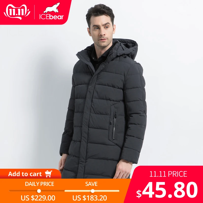 

ICEbear 2019 Winter Coat Causal Parkas Men Hat Detachable Warm Jacket Cotton Padded Winter Jacket Men Clothing MWD18821D