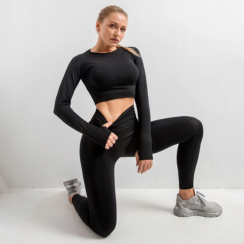 Conjunto deportivo sin costuras para mujer, ropa deportiva de entrenamiento, camiseta de manga larga, Top corto, Leggings de cintura alta, 2/3/5 Uds.|Trajes pantalón| - AliExpress