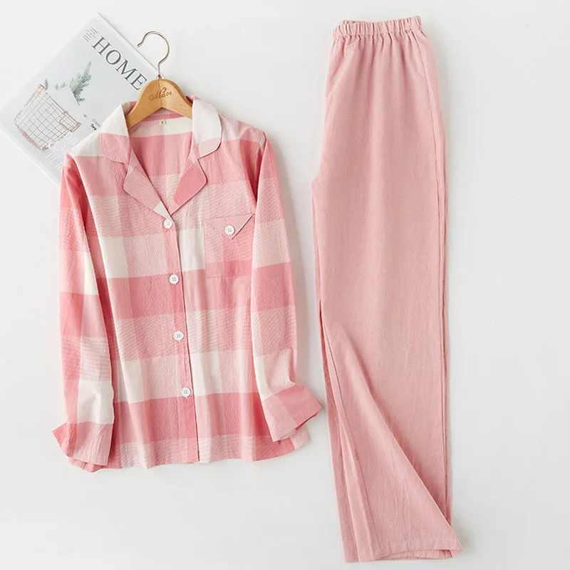 pink pajamas Хлопковая пижама для женщин, 2 предмета, Хлопковая пижама, розовая клетчатая Пижама с отложным воротником, комплект, топ+ штаны, Женская домашняя одежда - Цвет: pink pajamas
