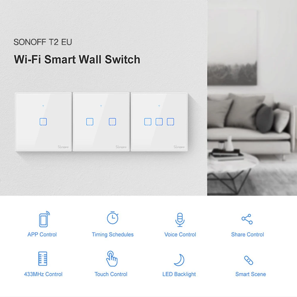 Sonoff T2 ЕС WiFi переключатель ЕС панель 433 МГц сенсорный/RF/APP/WiFi/беспроводной дистанционный светильник умный дом работает с Alexa Google