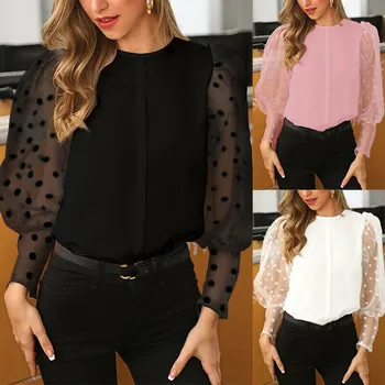 

Fashion White Shirt Women O-Neck Lantern Sleeve Perspective Dot Mesh Sleeve Casual Loose Top chemise blanche femme#45